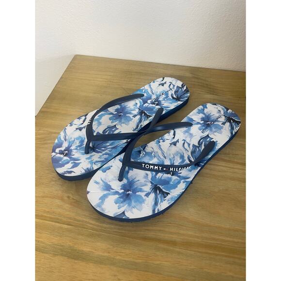 Tommy Hilfiger Blue & White Floral Classic Rubber Thong Flip Flop Womens 10 - Picture 1 of 5